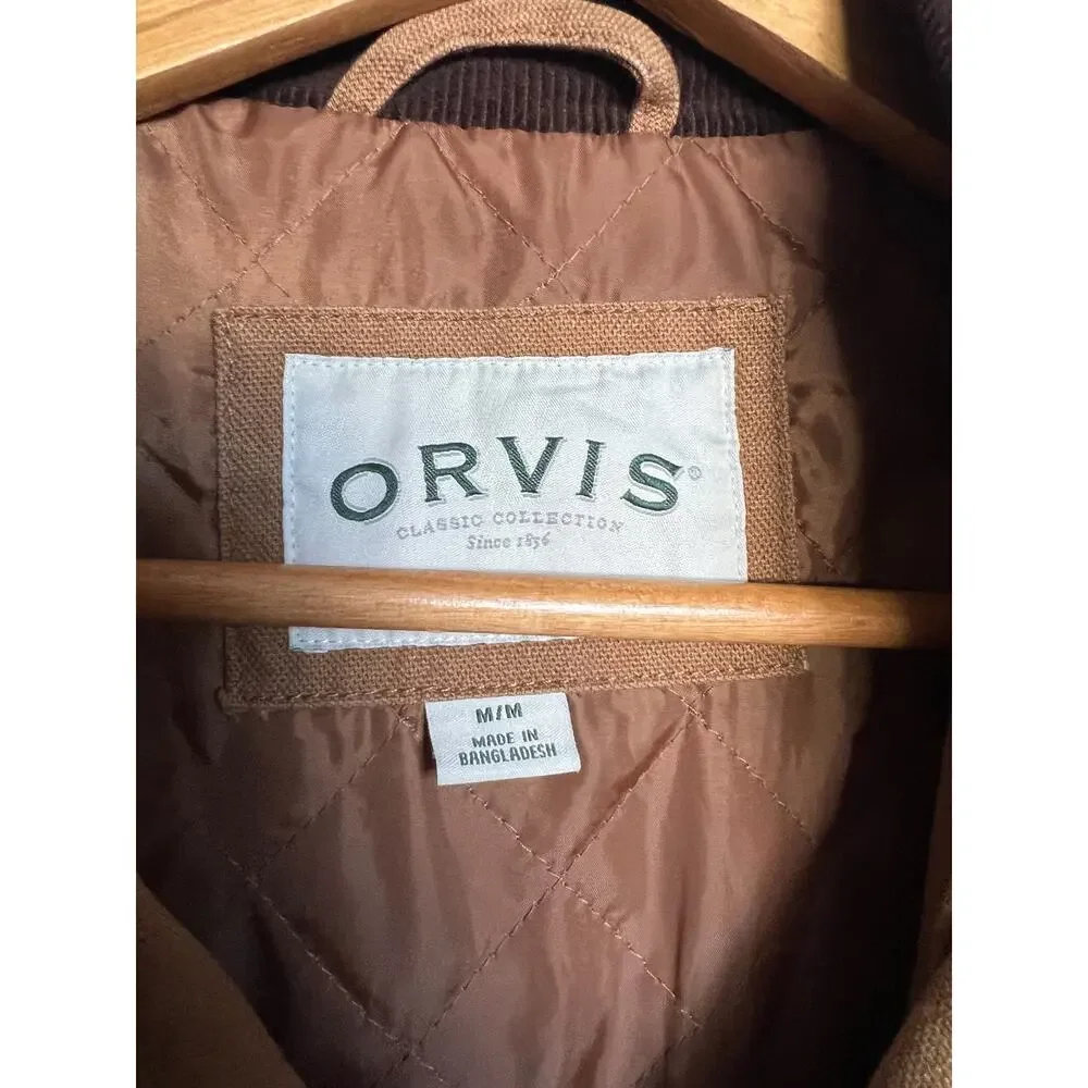Orvis Barn Coat Jacket Men Medium Brown Tan Canvas Chore Corduroy Collar Classic